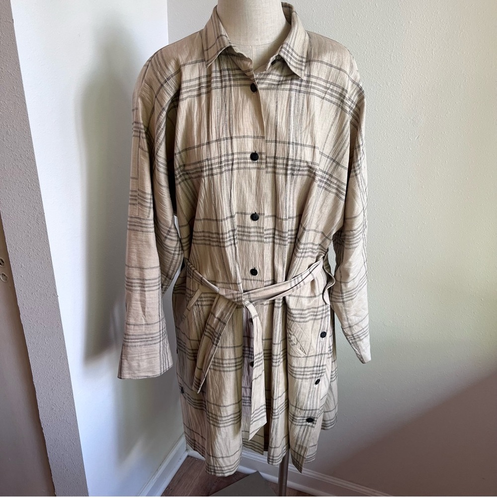 Vintage Linen‎ Laurel for Escada Plaid Beige/Black Midi Shirt Dress